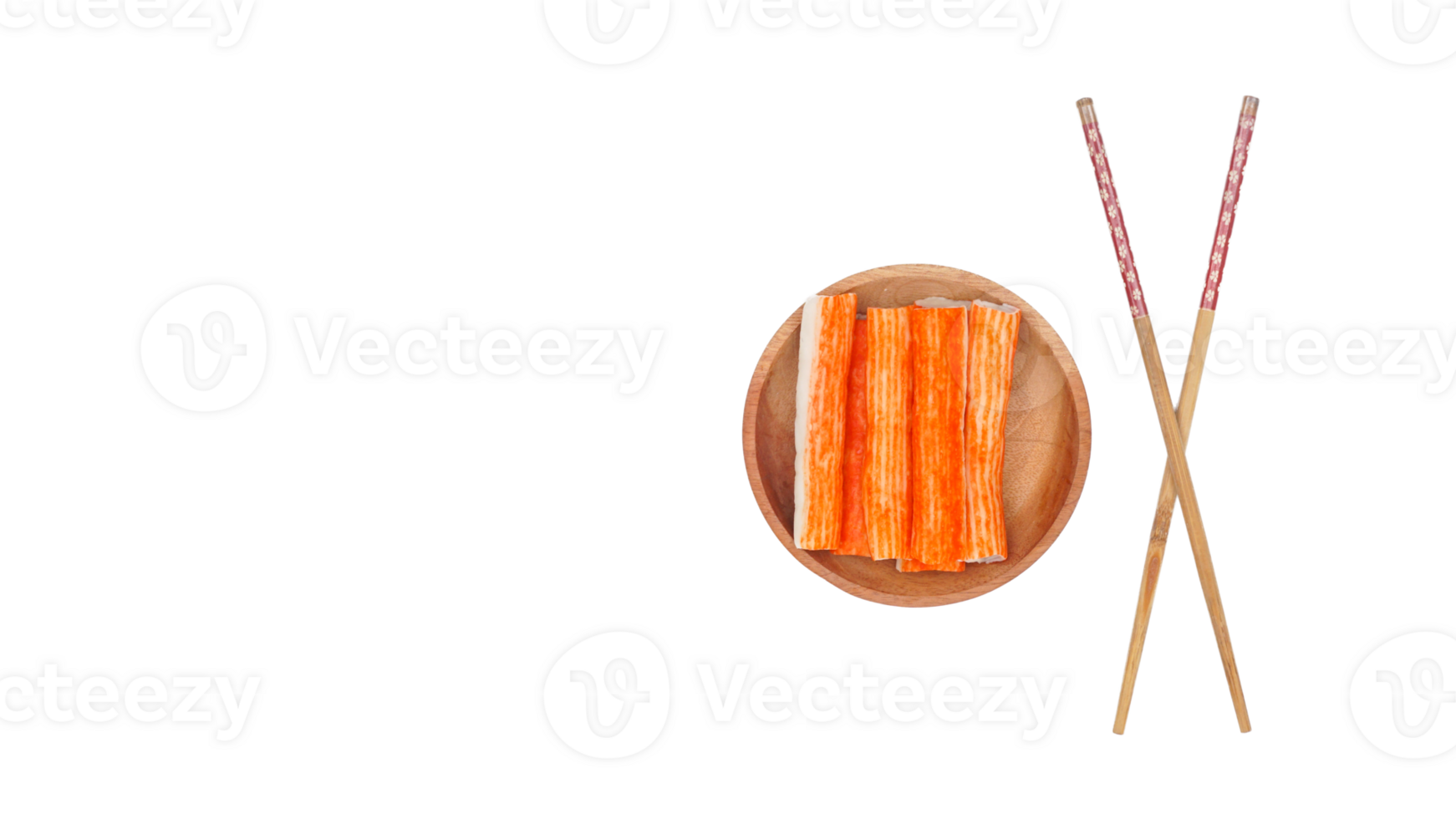 Top view of crab stick or imitation crab meat made from processed fish meat on wooden plate with chopsticks isolated on transparent background png