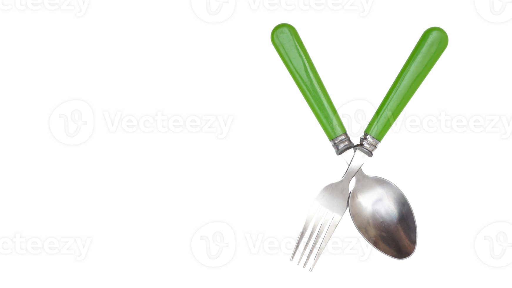 A pair of stainless steel spoon and fork with green handle isolated on transparent background png