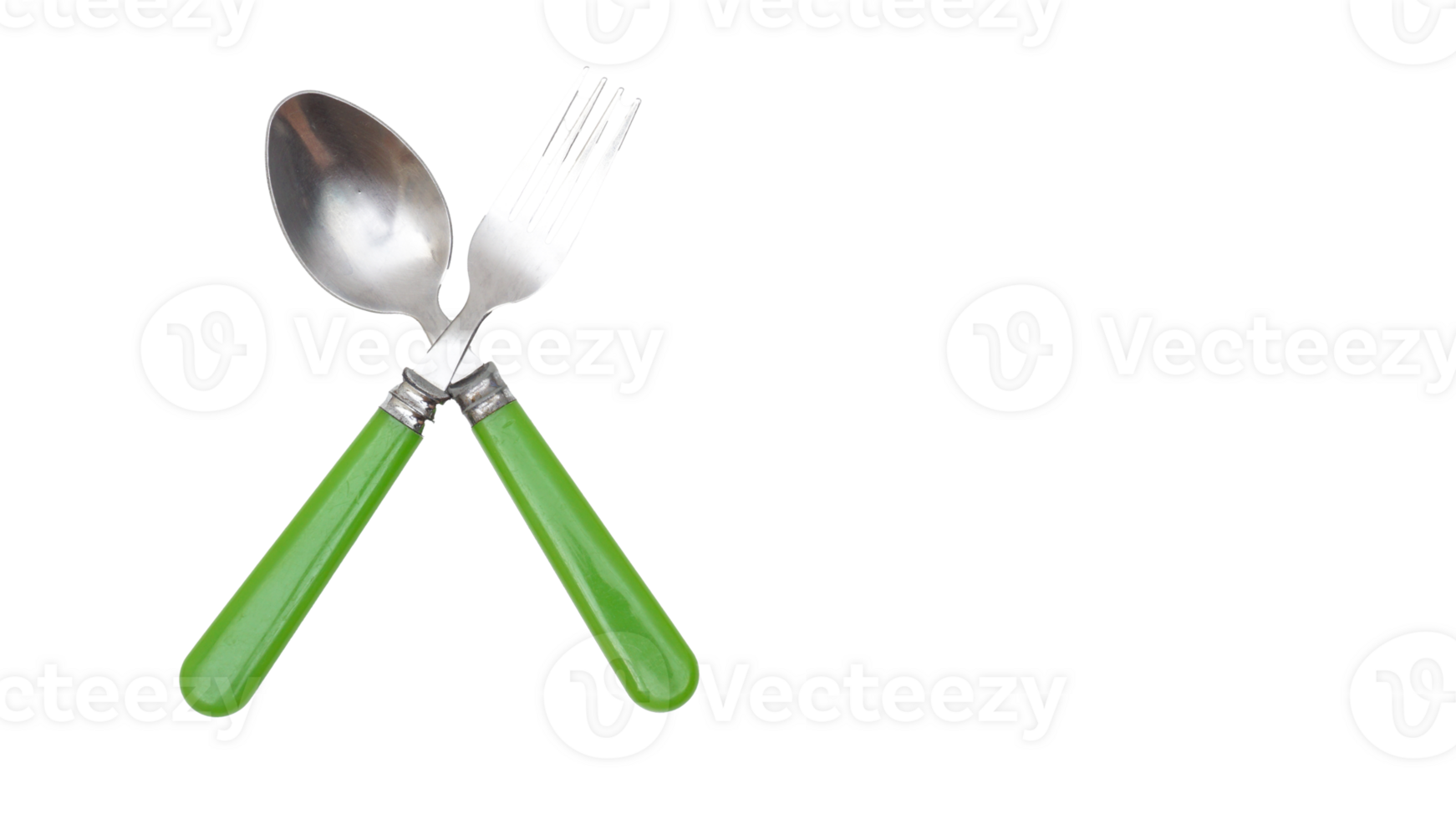 Stainless steel spoon and fork with green handle isolated on transparent background png
