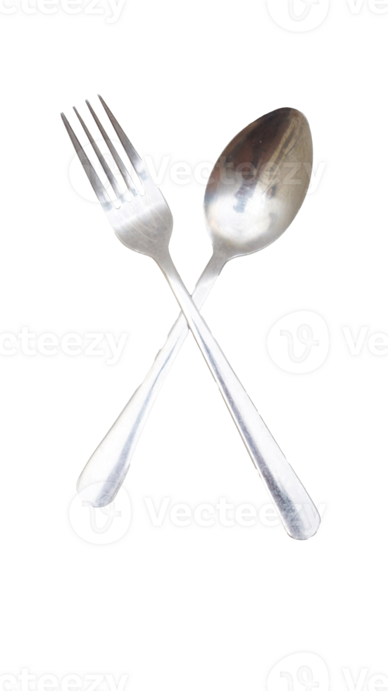 A pair of stainless steel spoon and fork isolated on transparent background png