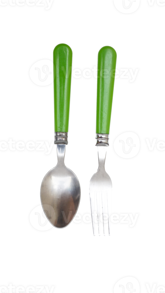Stylish stainless steel spoon and fork with green handle isolated on transparent background png