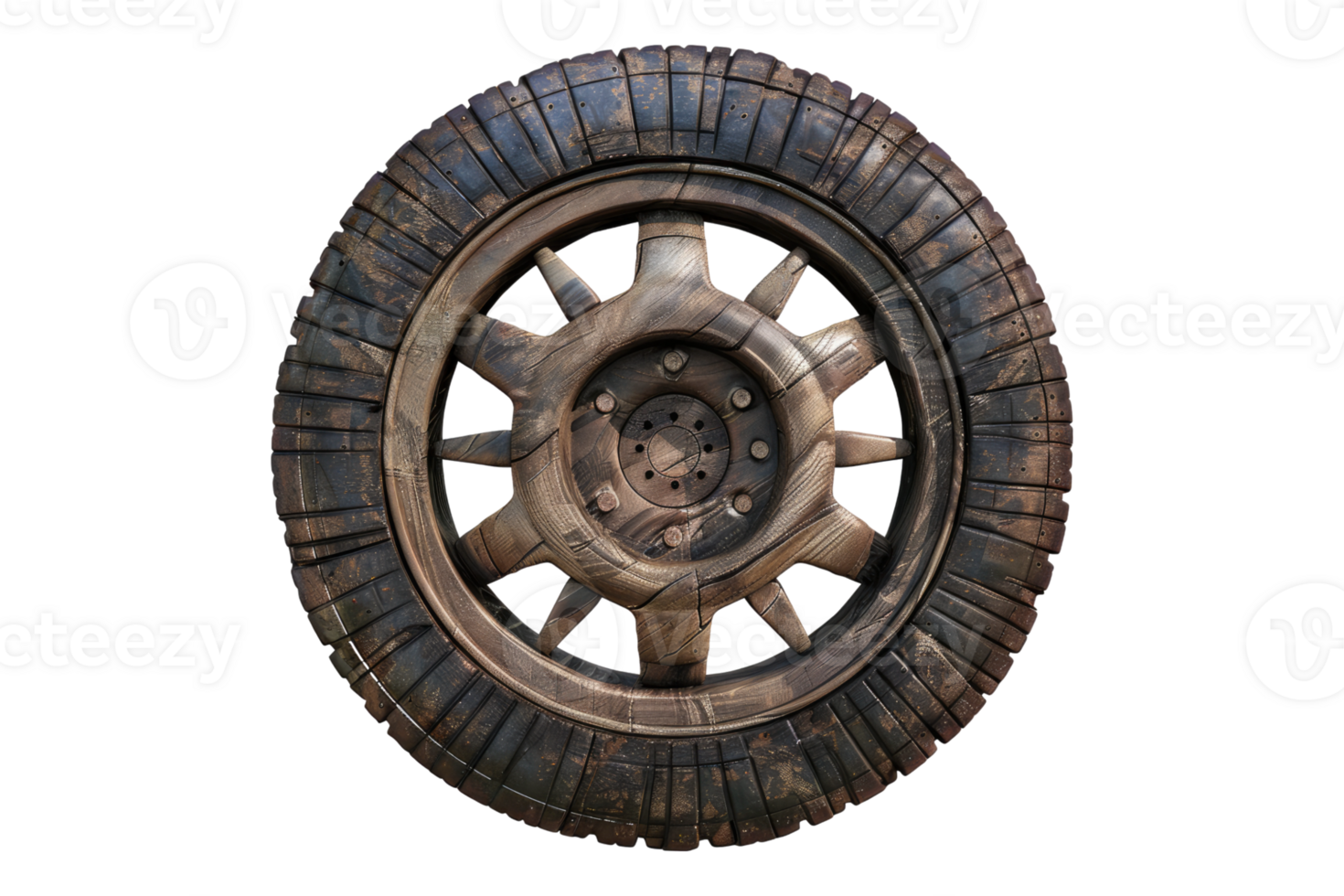 Ancient wooden to modern car tire isolated on transparent background png