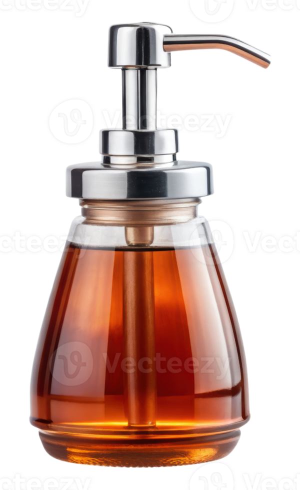 Glass soap dispenser with pump filled with amber liquid soap isolated on a transparent background png