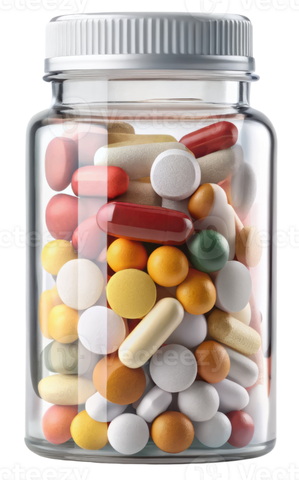Assorted colorful pills in a glass medicine jar isolated on a transparent background png