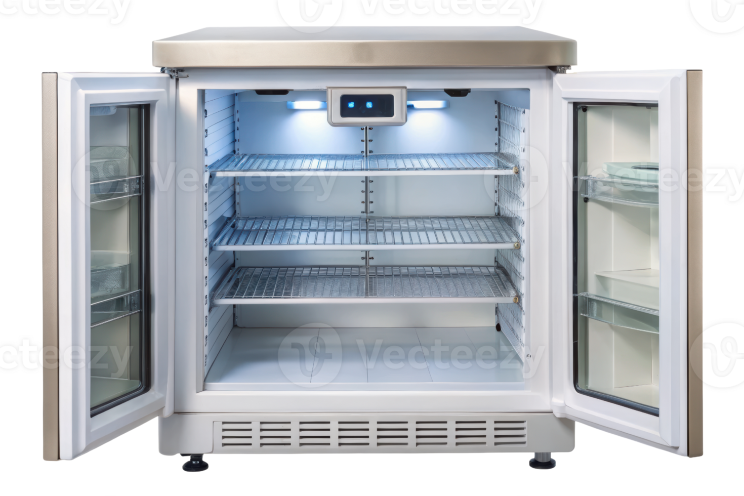 Open refrigerator showcasing spacious interior design isolated on a transparent background png