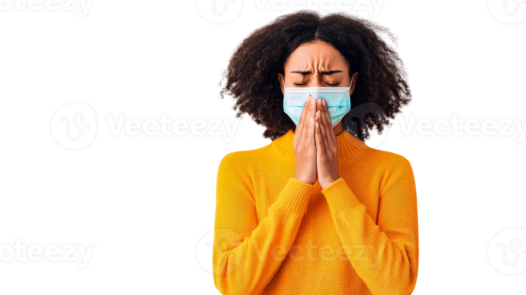 Sick woman in mask is feeling ill, eyes are closed, cut out transparent png