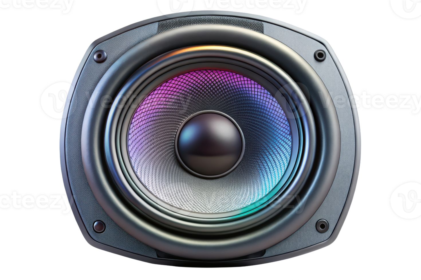 Powerful speaker with vibrant LED lighting effects isolated on a transparent background png