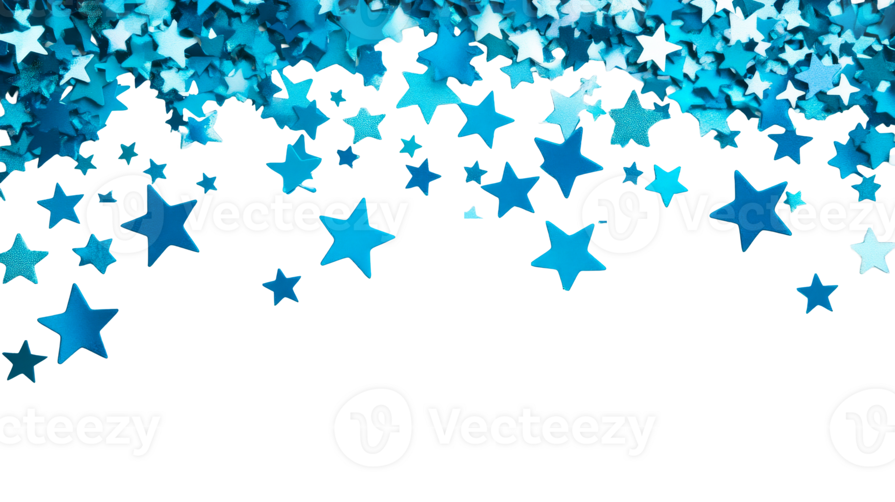 Blue star confetti pattern on a black background, cut out transparent png