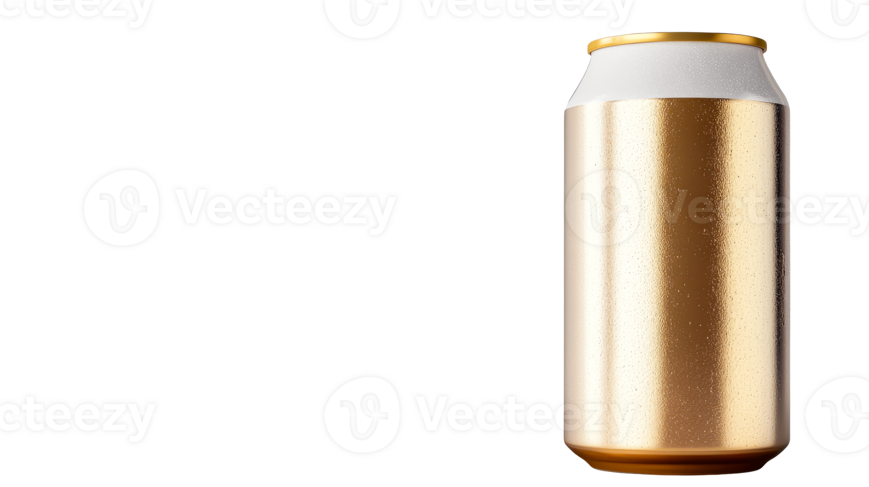 Golden beer can with condensation on black background, cut out transparent png