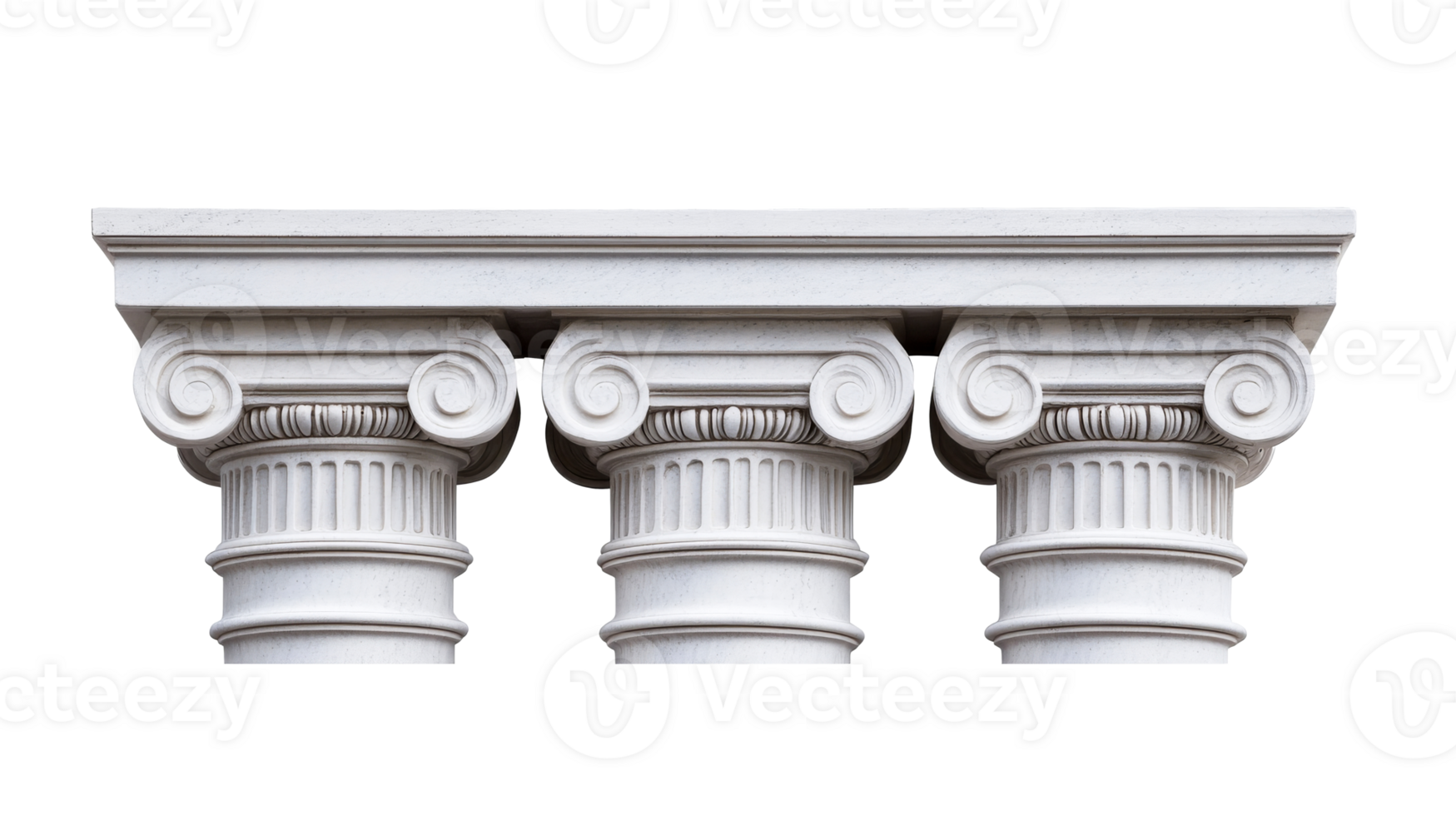 Three Ionic columns with details, stone architectural design, cut out transparent png