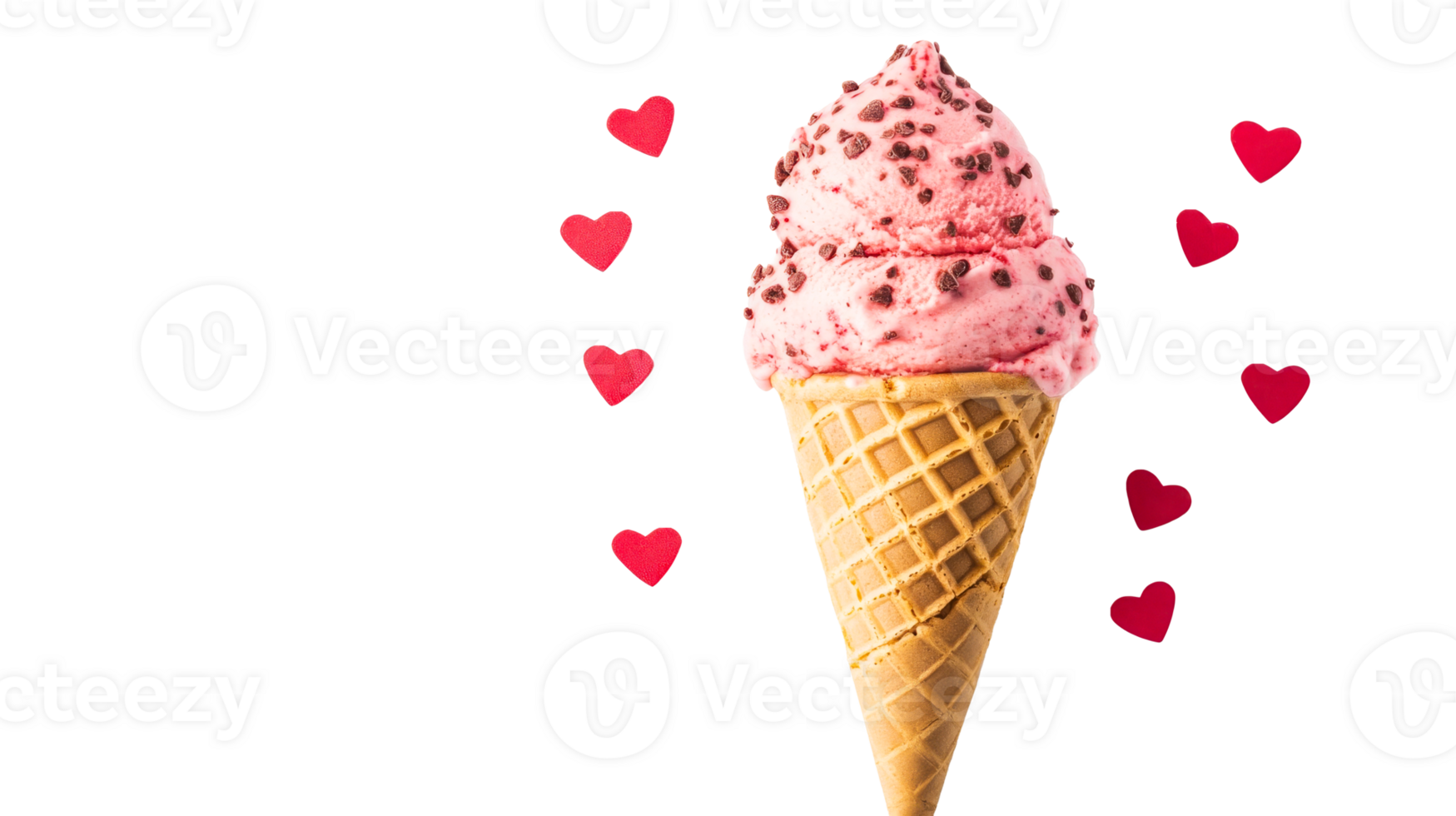 Pink ice cream cone, chocolate chips and hearts decoration, cut out transparent png