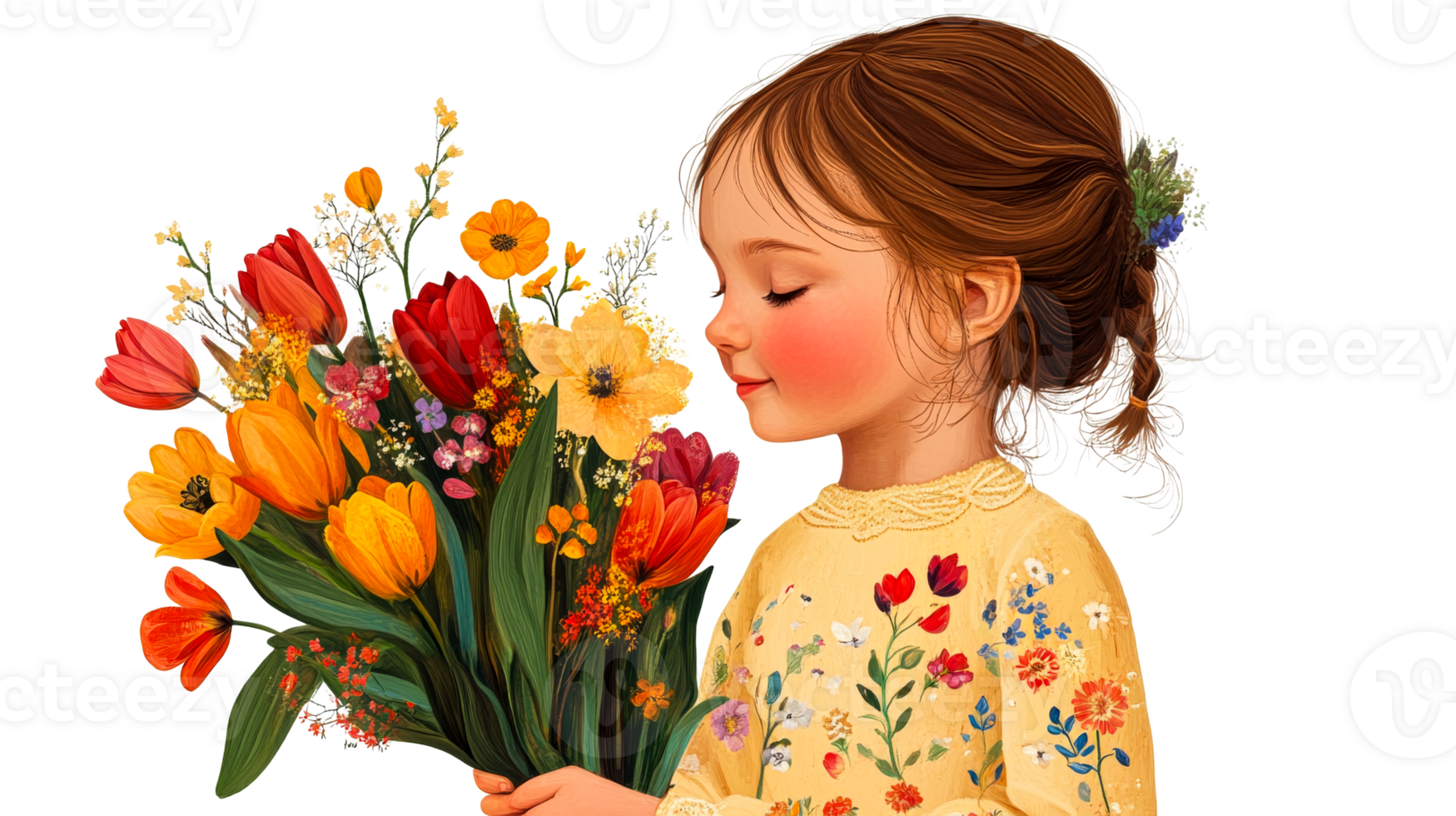 Girl smelling bouquet of vibrant tulips and flowers, eyes closed, cut out transparent png