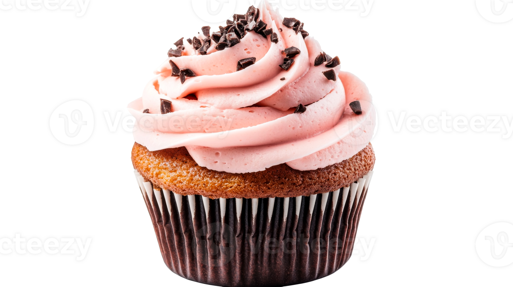 Pink frosted cupcake dessert with chocolate chunks, cut out transparent png