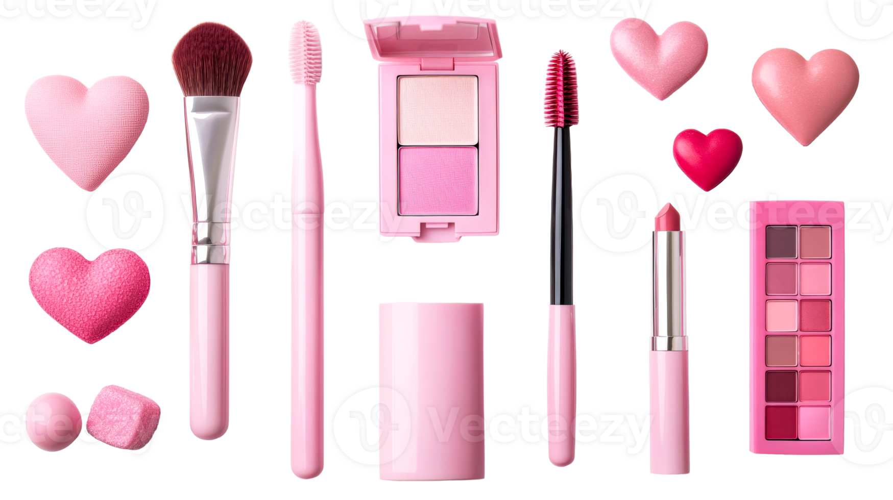 Pink cosmetic set for makeup tools and beauty products, cut out transparent png