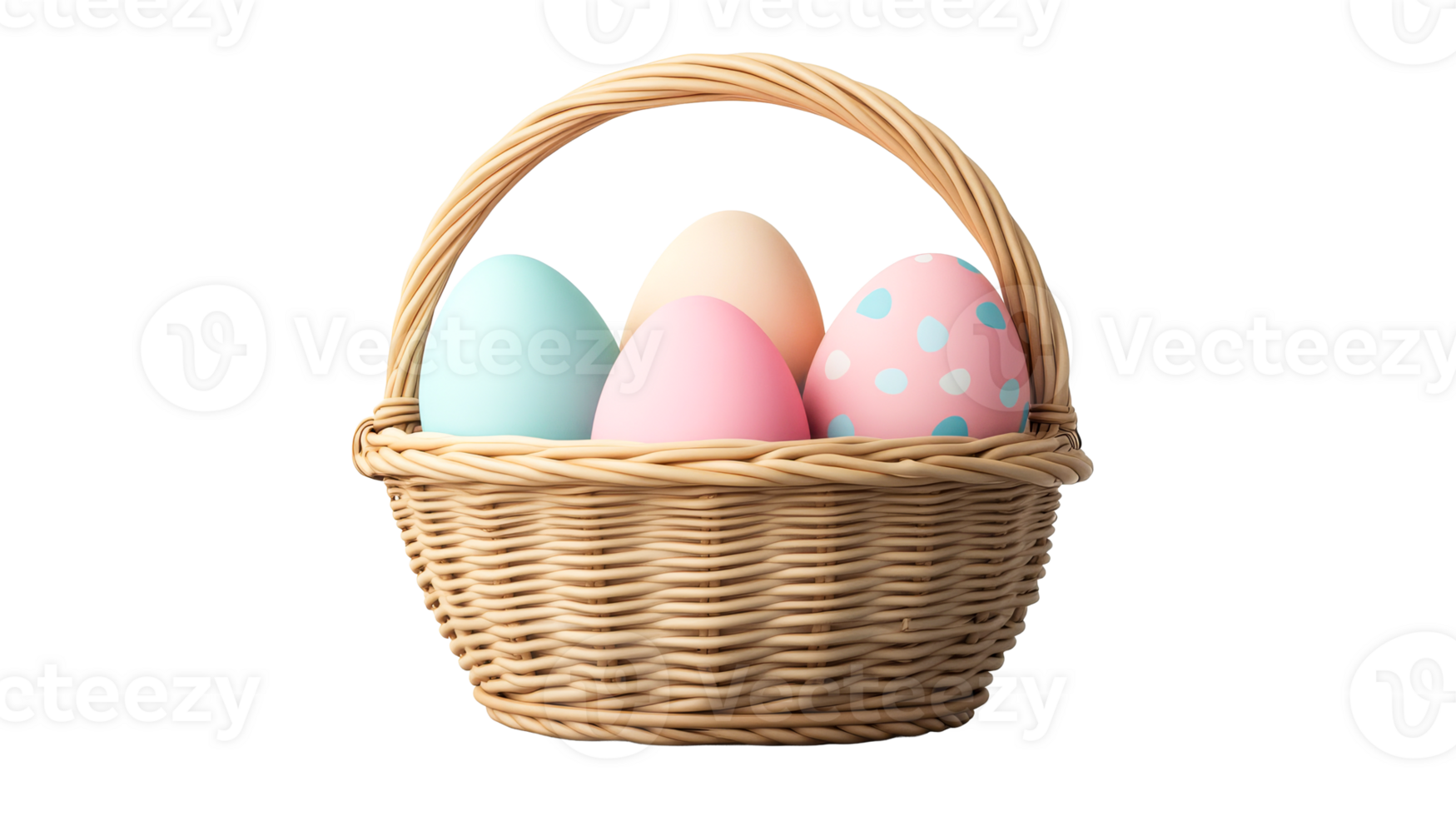 Easter basket with colorful eggs, cut out transparent png
