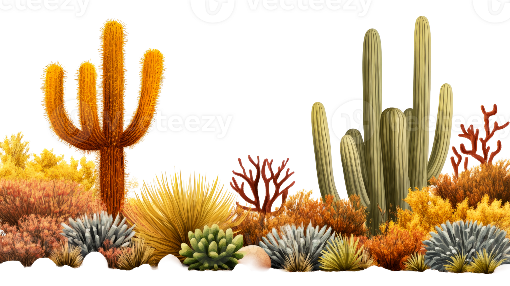 Desert landscape of various cactuses and desert plants, cut out transparent png