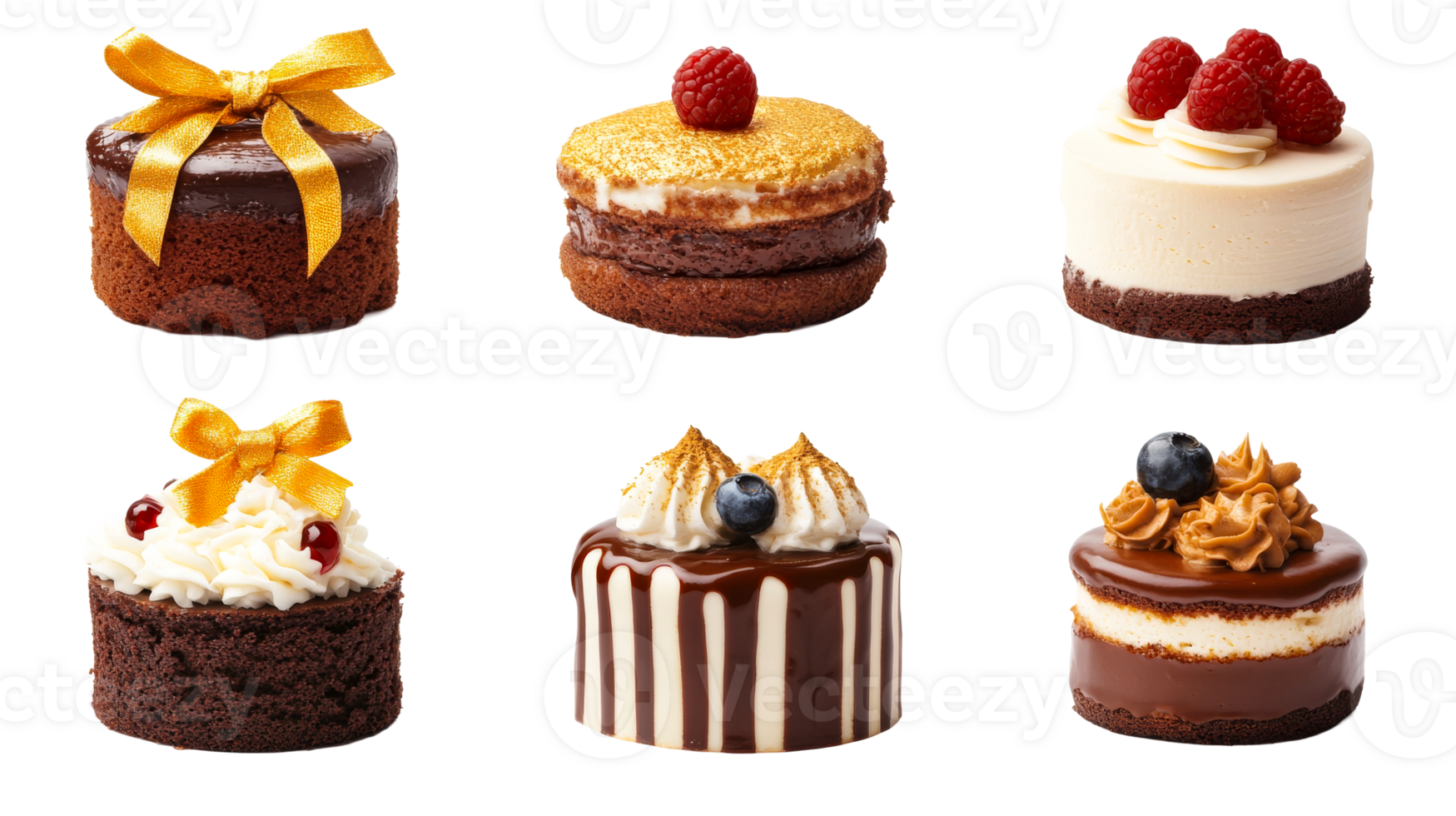 Mini cakes assortment with cream and berries decoration, cut out transparent png