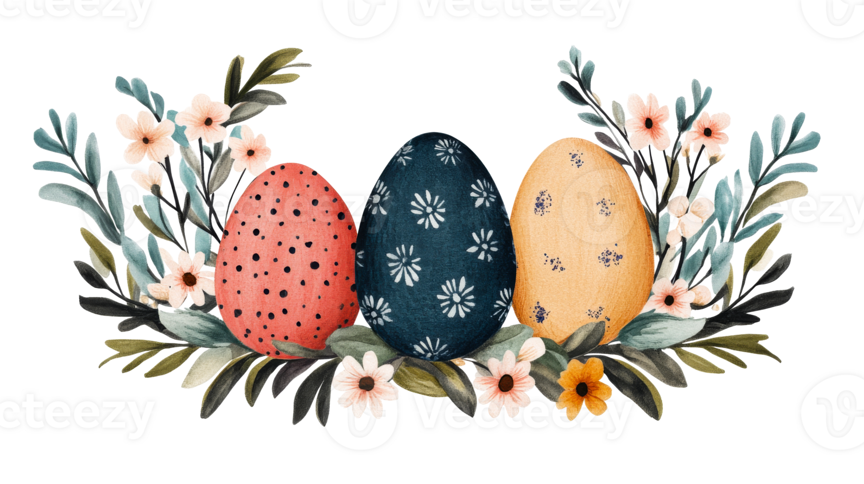 Three decorated eggs with floral arrangements, cut out transparent png
