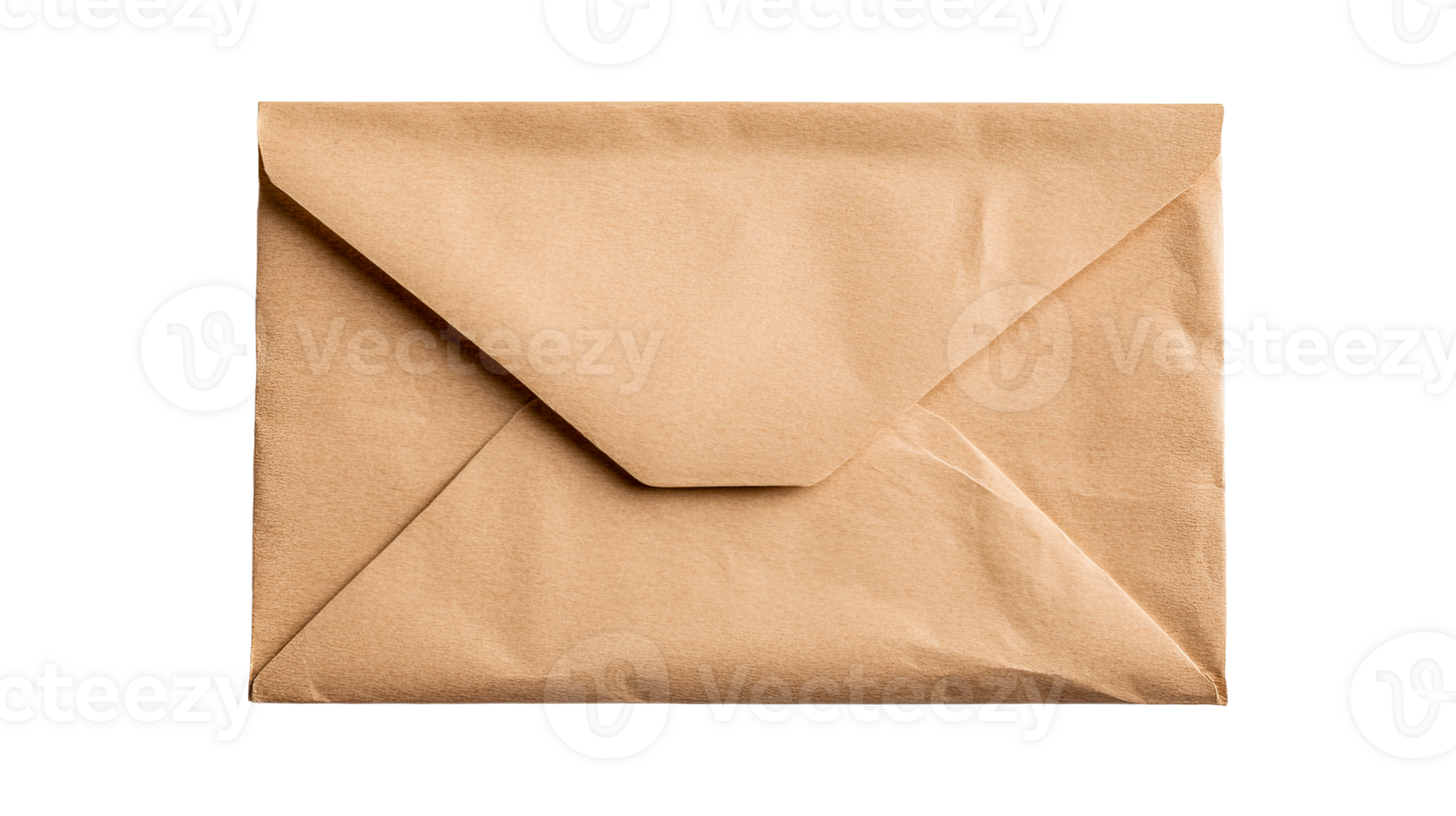 Square brown kraft paper envelope, natural texture and folded flap, cut out transparent png