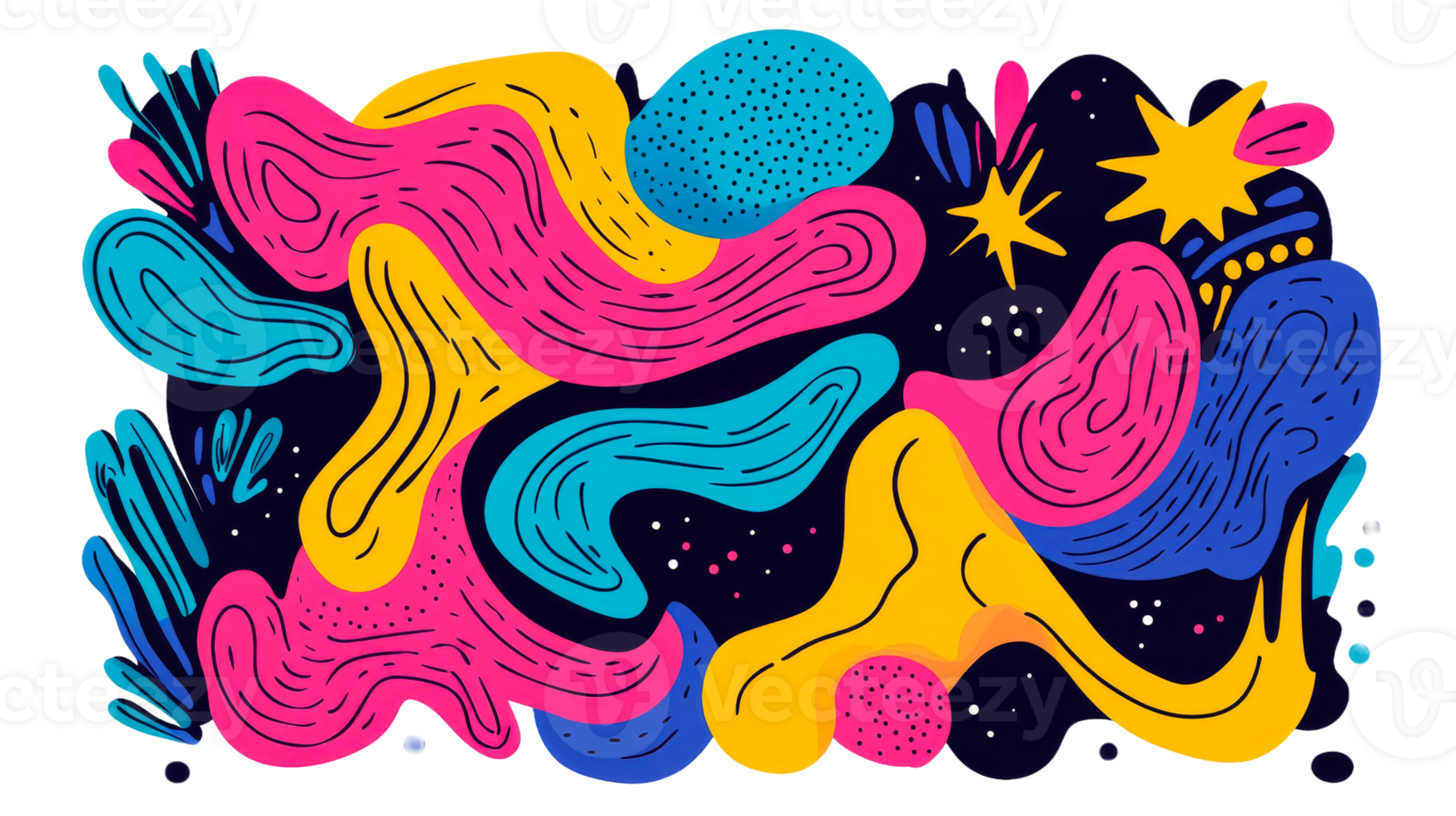 Retro psychedelic shapes in pink, yellow and blue, cut out transparent png