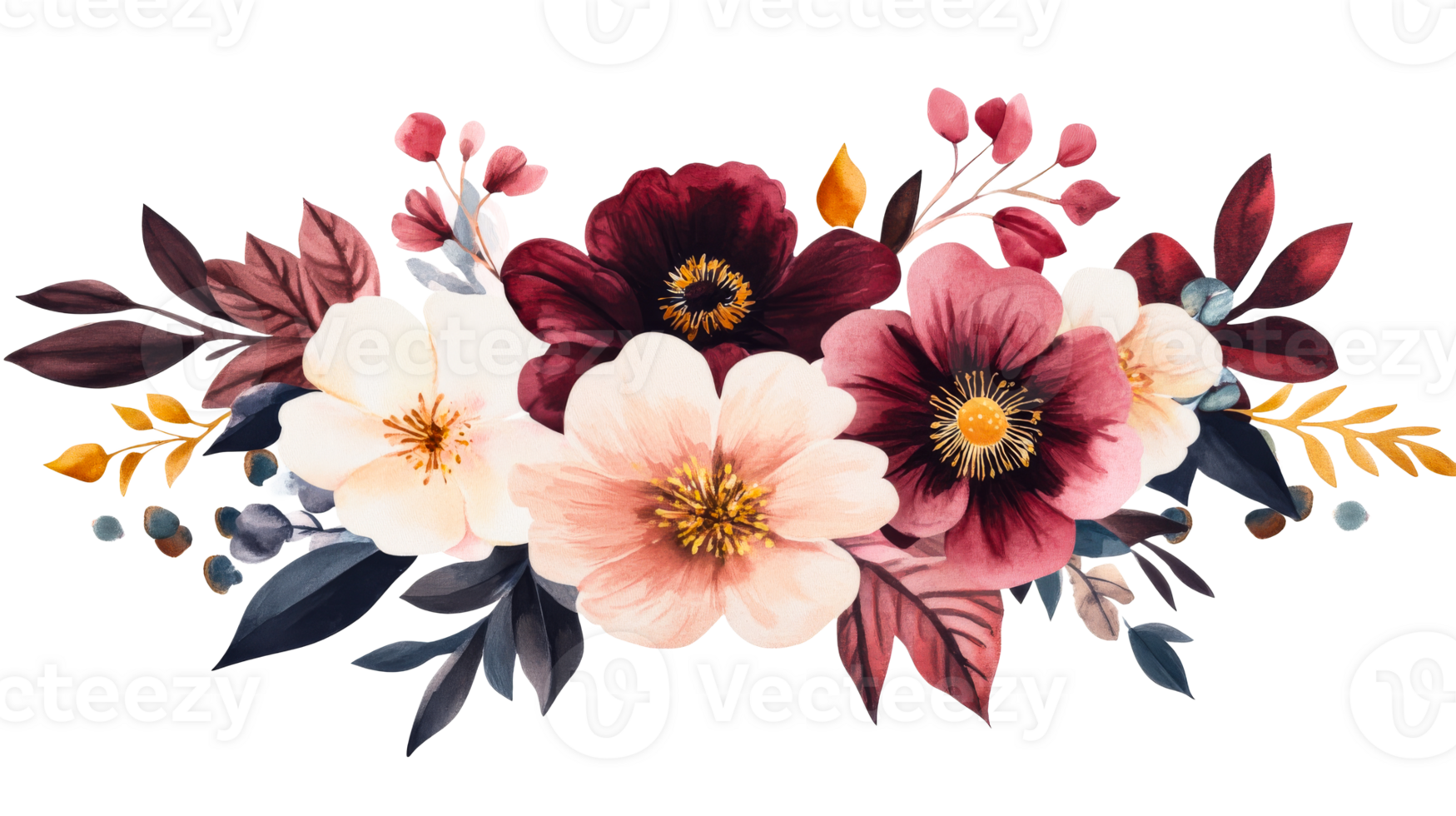 Floral arrangement with blossoms in maroon and white hues, cut out transparent png