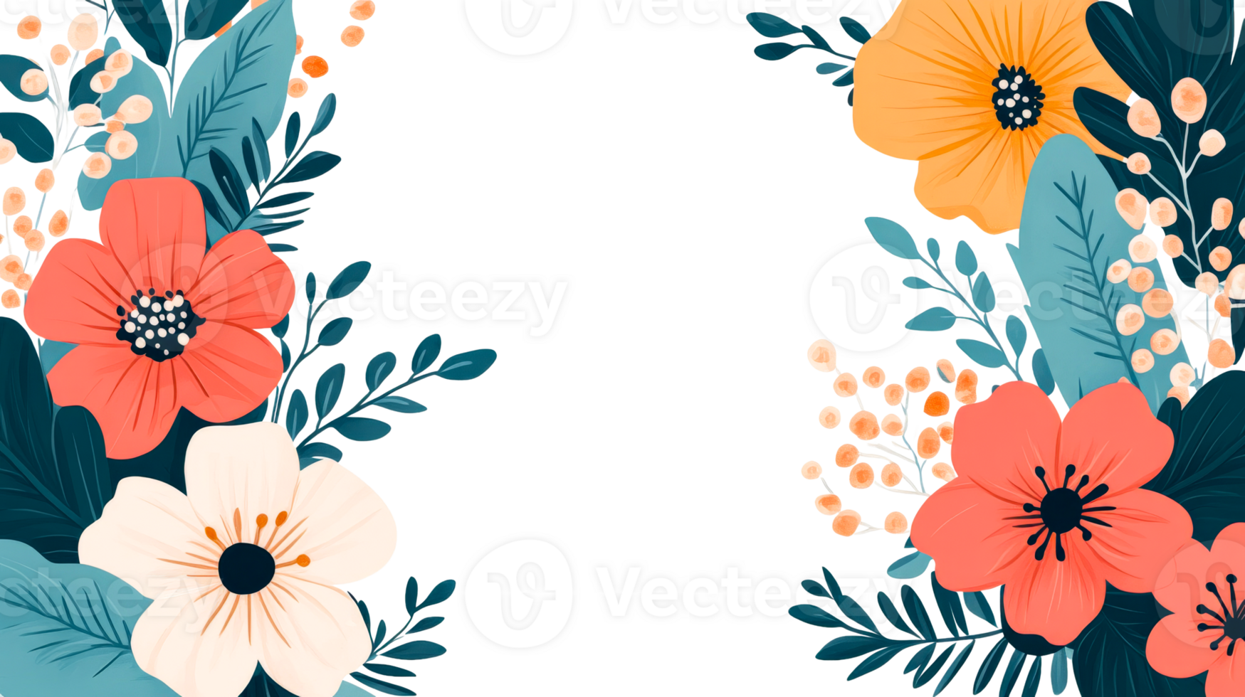 Floral frame arrangement, flowers, leaves, and branches isolated on black, cut out transparent png