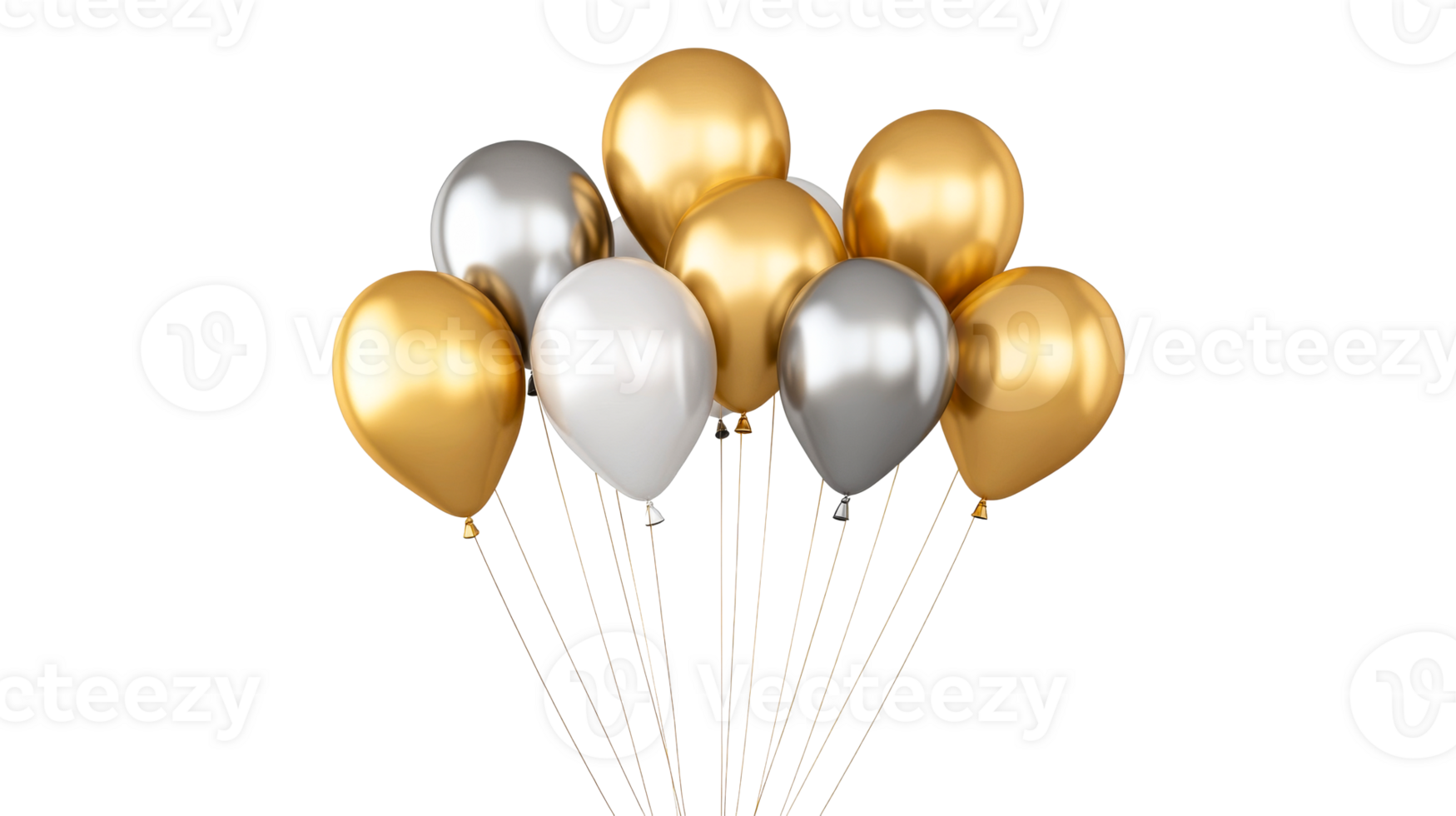 Gold, silver celebration balloons floating, festive isolated design, cut out transparent png