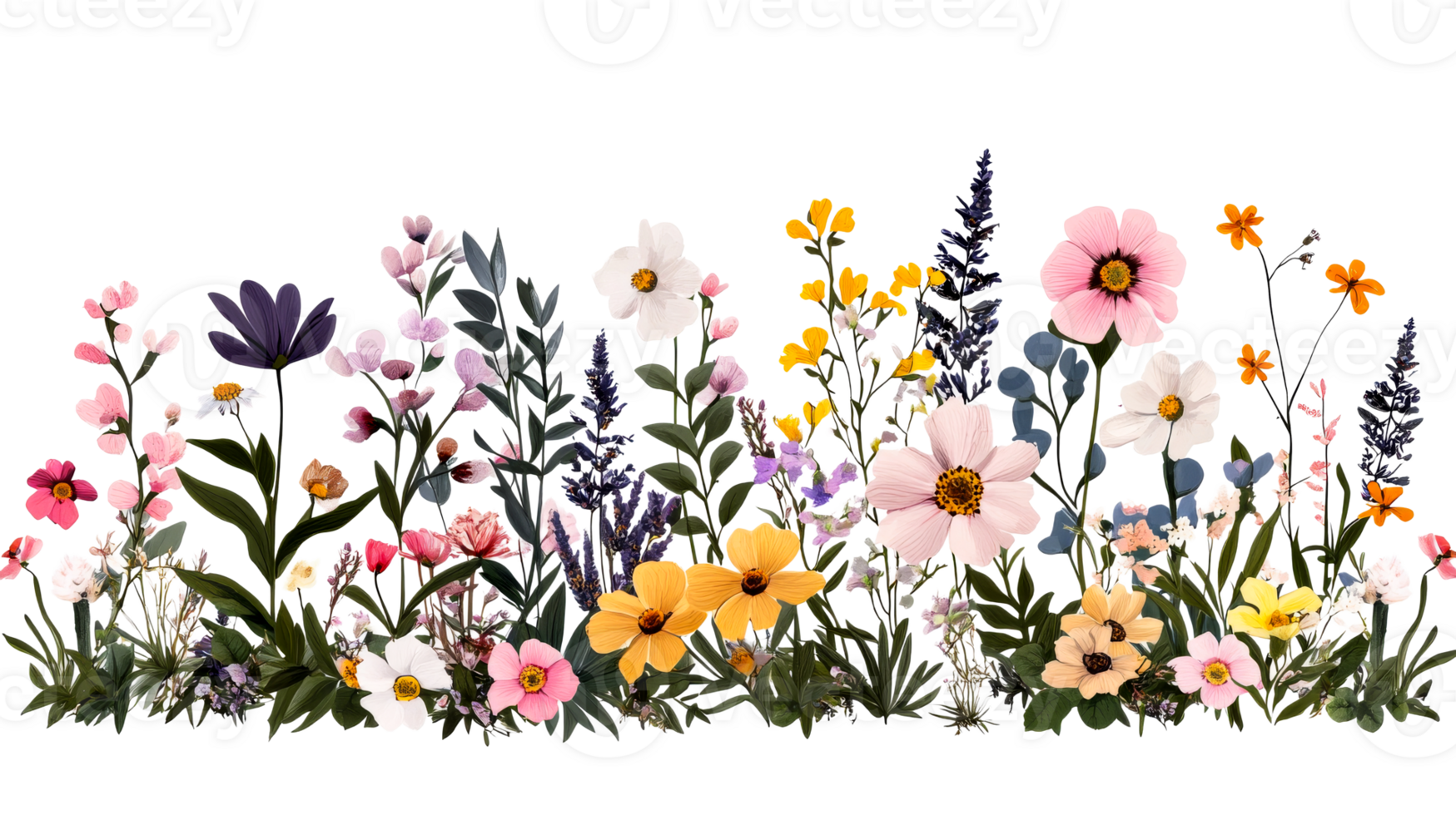 Wildflower mix with many colors, types and shapes of flowers, cut out transparent png