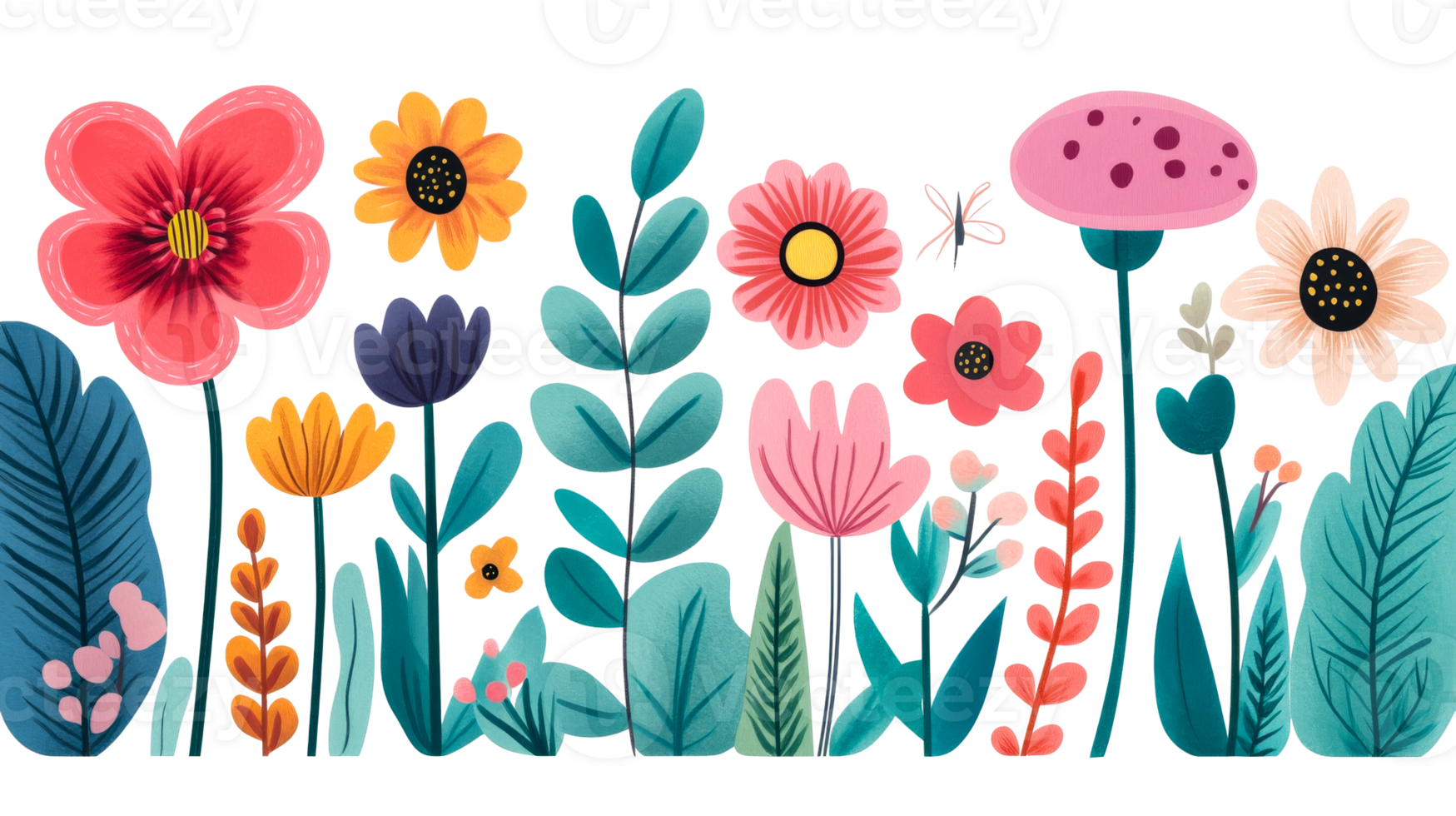Whimsical floral border with a pink mushroom, cut out transparent png