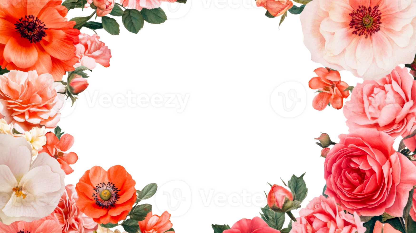 Floral frame with roses, poppies, petals, isolated ,cut out transparent png