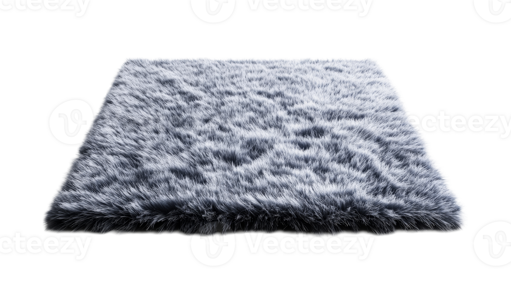 Gray shaggy rug, fur carpet on black, square shape, isolated, cut out transparent png