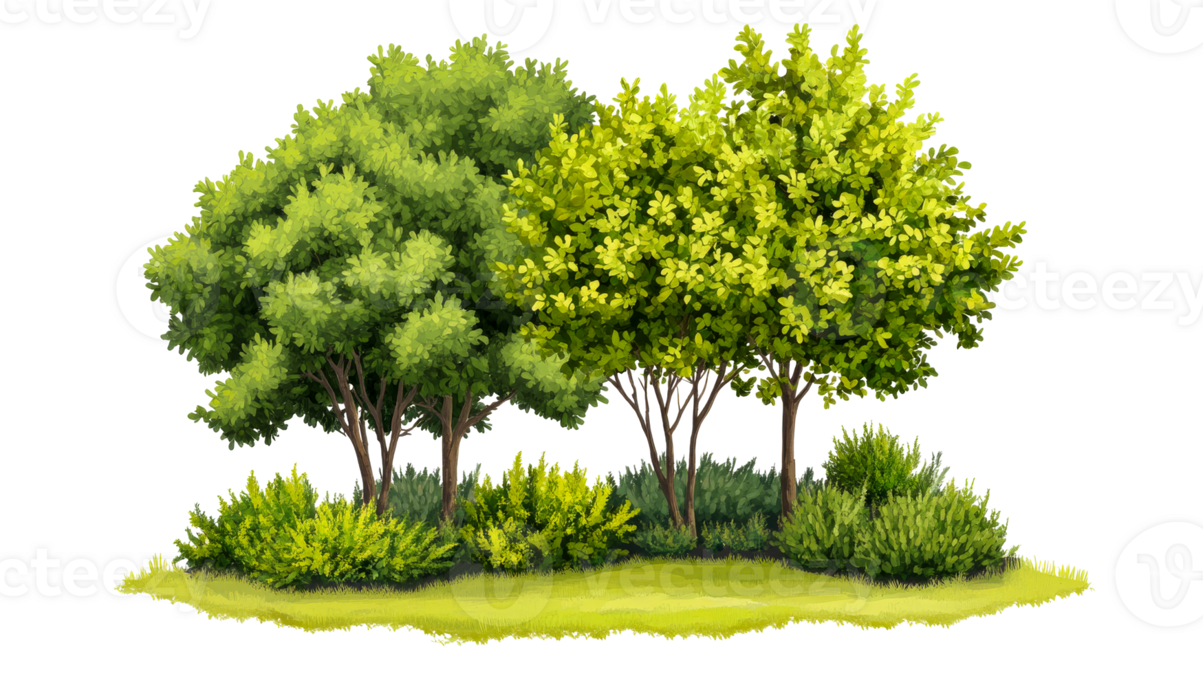 Lush illustration of trees and bushes with leaves, cut out transparent png
