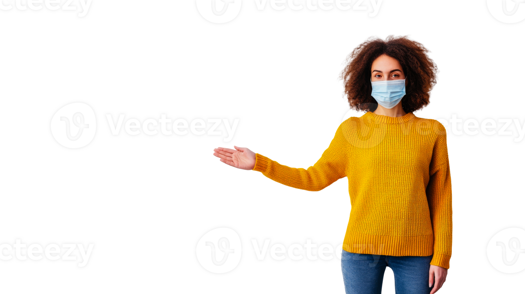 Woman with mask gestures to the side, isolated, cut out transparent png