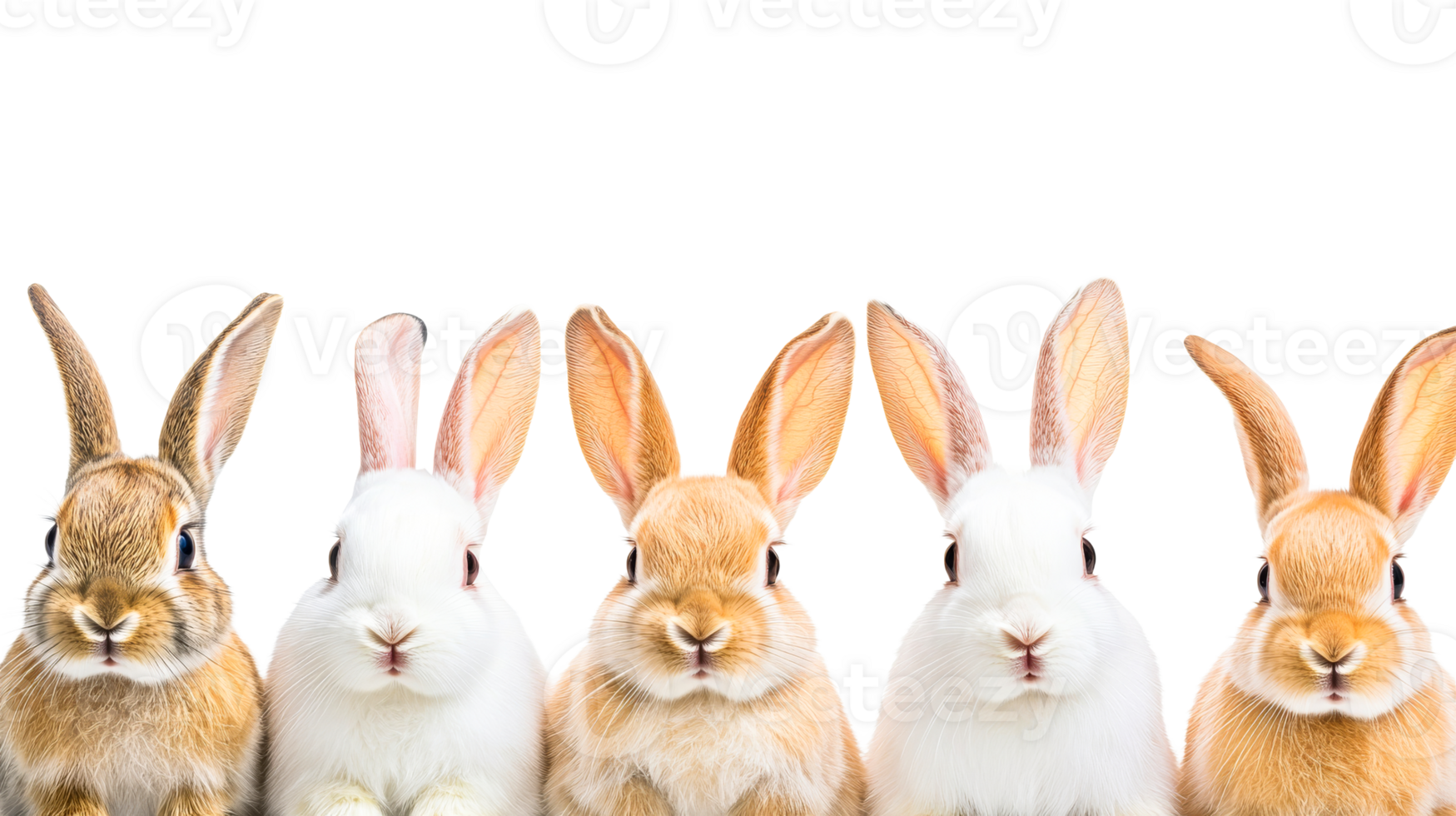 Five rabbits row, front view, different colors, cut out transparent png