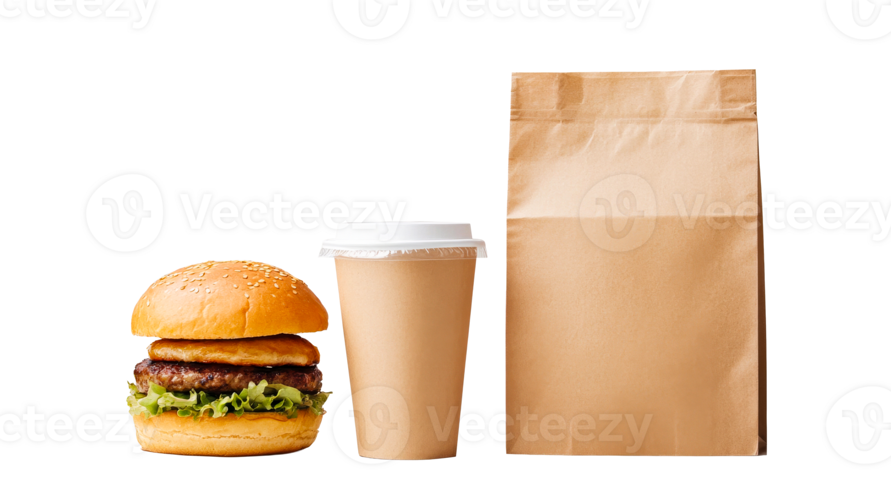 Burger, coffee, and a paper bag ready for delivery, cut out transparent png