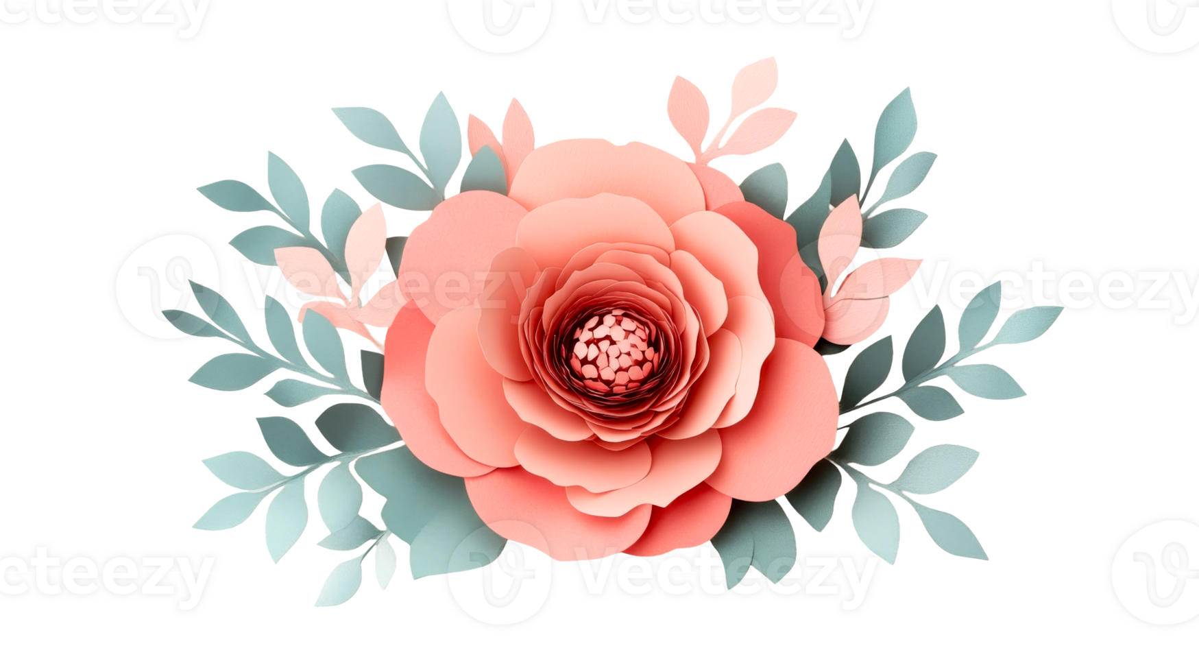 Floral design element with paper flower and leaves, cut out transparent png