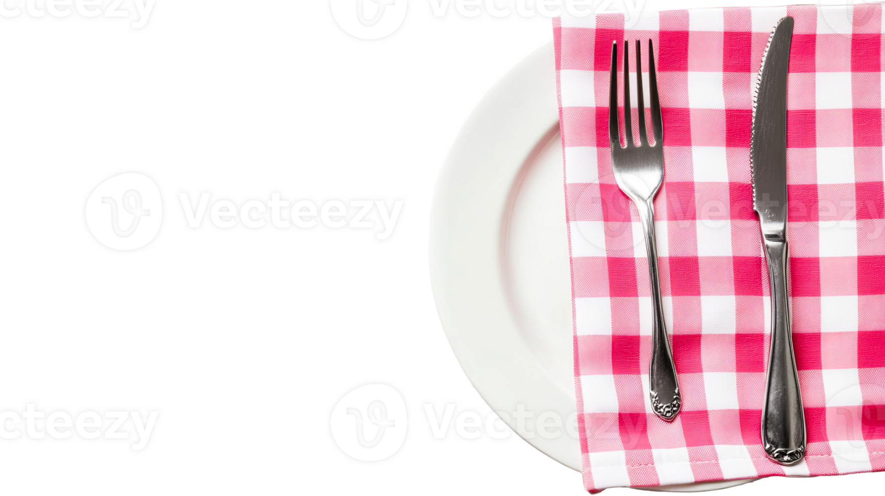 Plate setting with gingham napkin and silverware, cut out transparent png