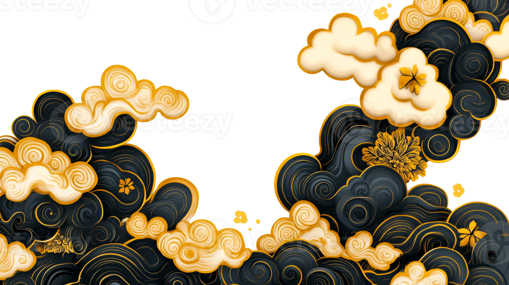 Asian-inspired clouds and waves in black and gold, cut out transparent png