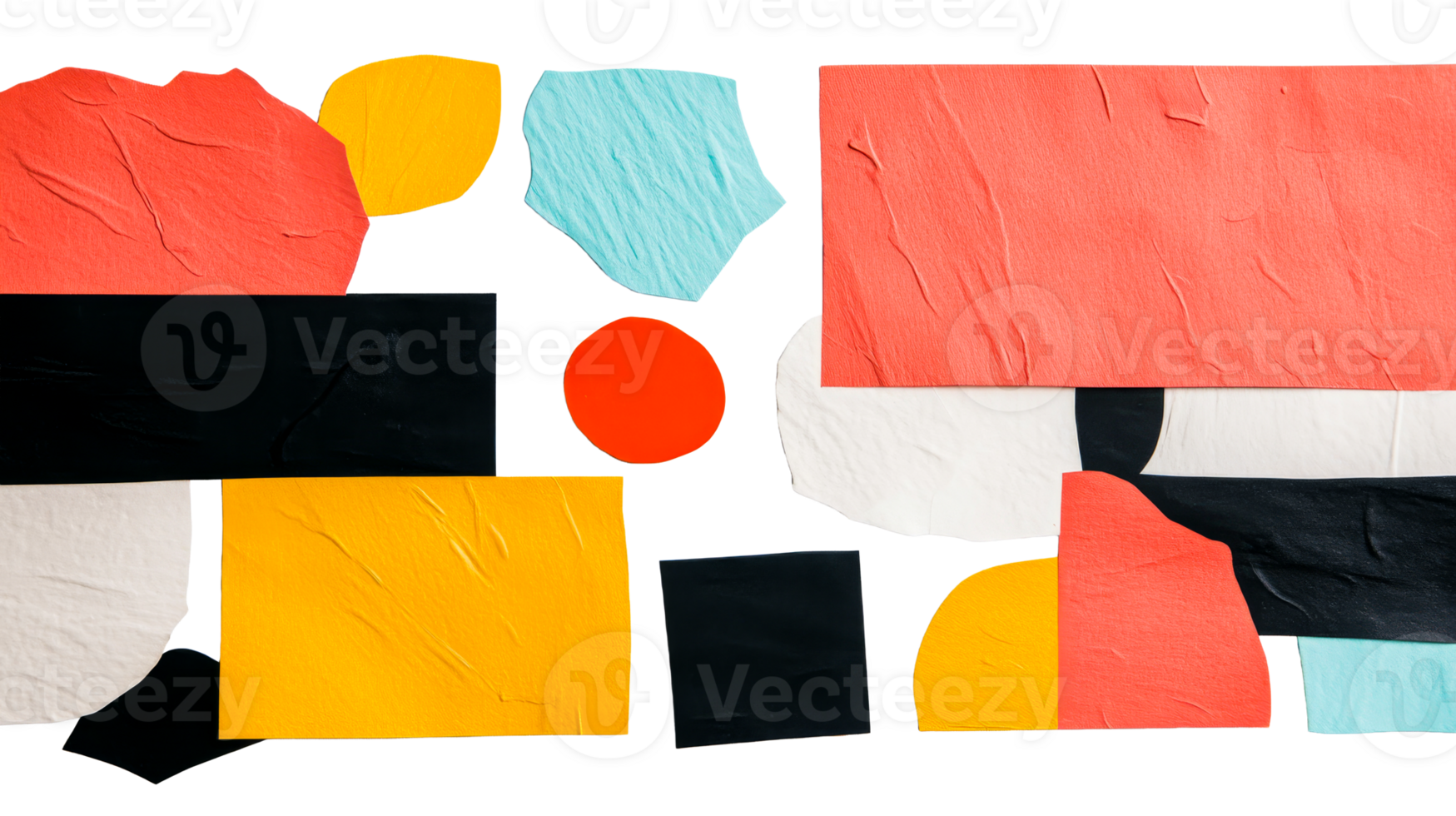 Paper collage with geometric shapes, vibrant colors on black background, cut out transparent png
