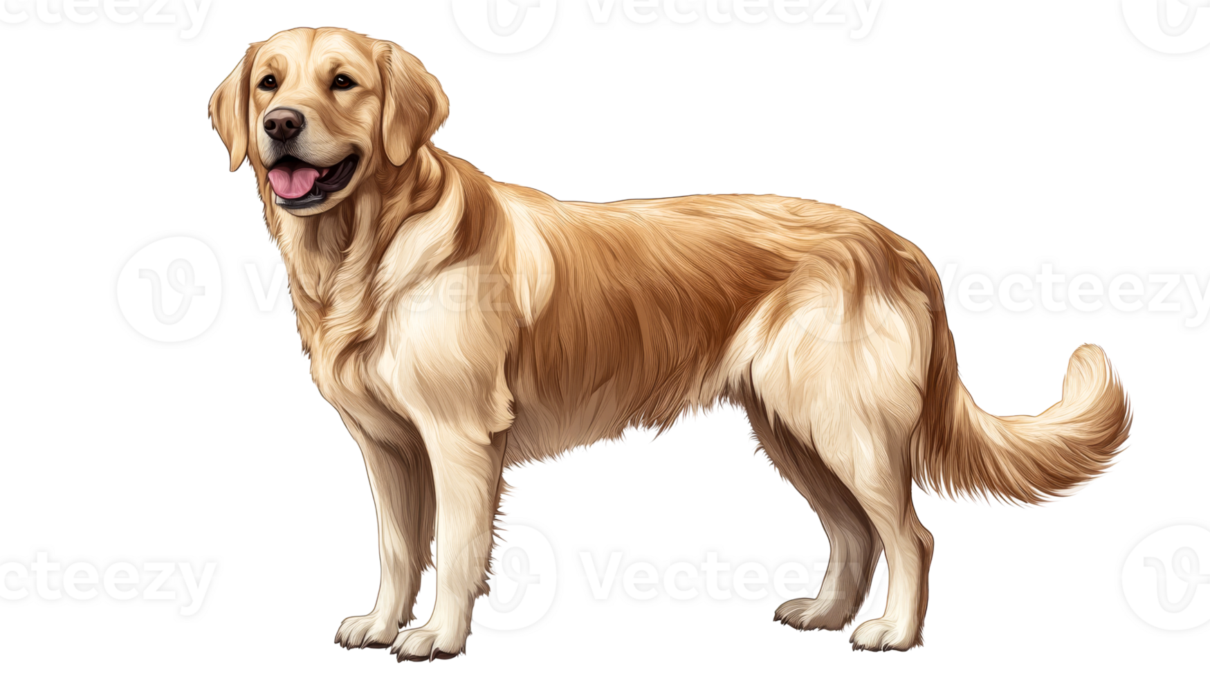 Golden Retriever dog art with detailed fur, full length, standing pose, cut out transparent png