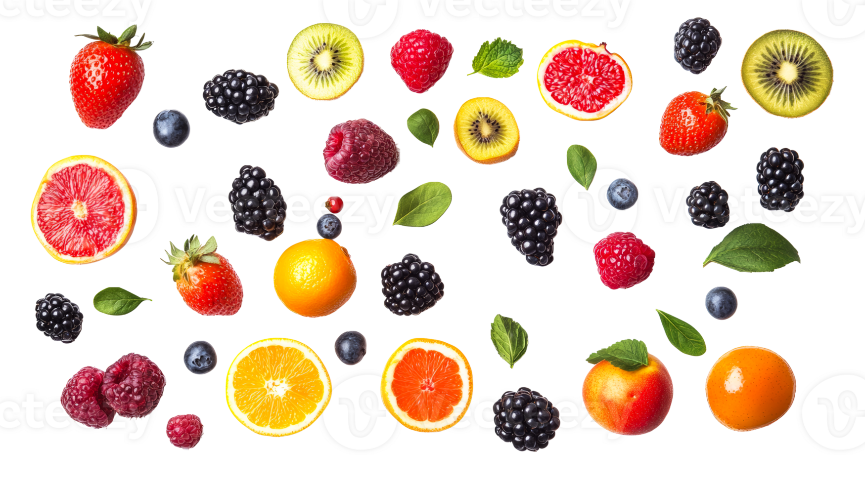 Assorted Berries and Fruits on Black Background, cut out transparent png