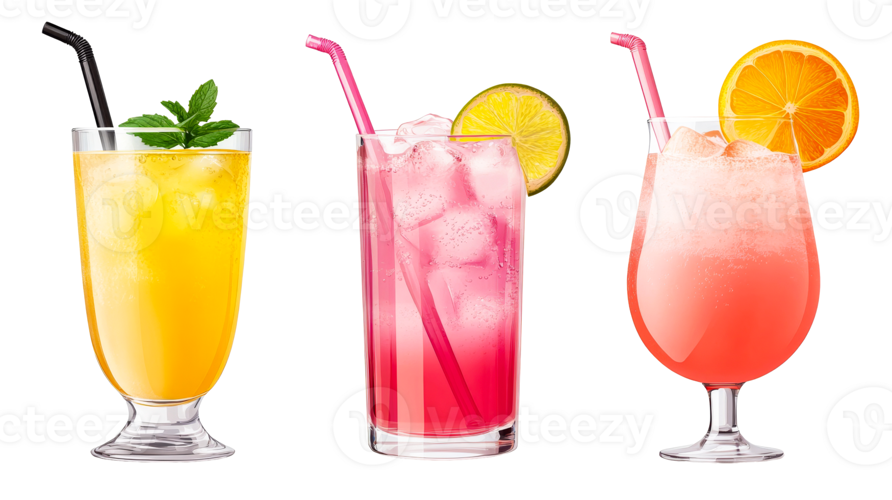 Three fruity cocktails with ice, on black background, cut out transparent png