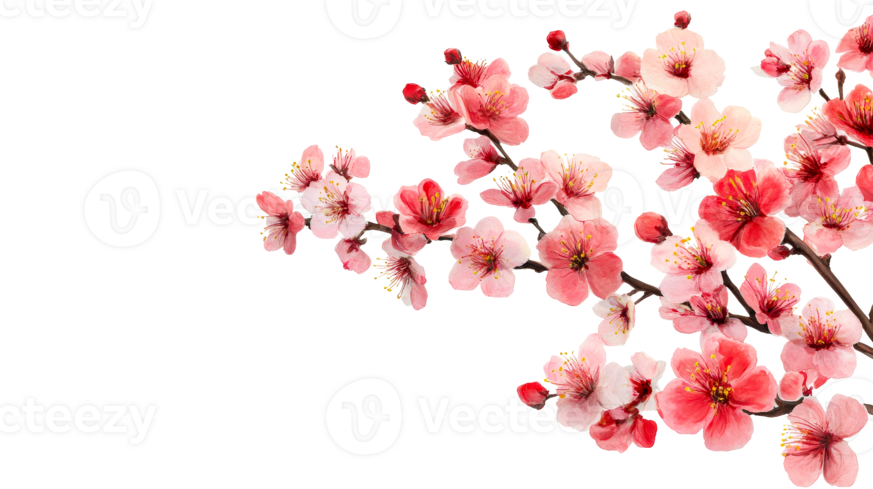Blooming plum branch with pink flowers, cut out transparent png