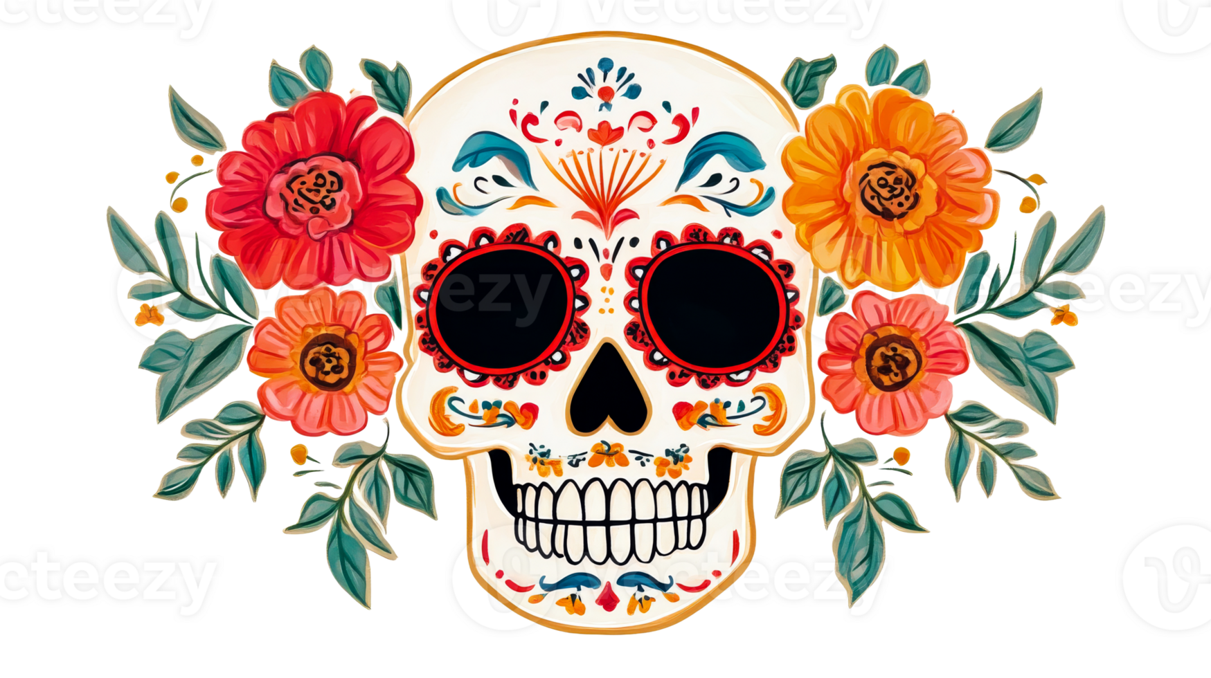 Colorful Sugar Skull with Flowers, Day of the Dead Design, cut out transparent png