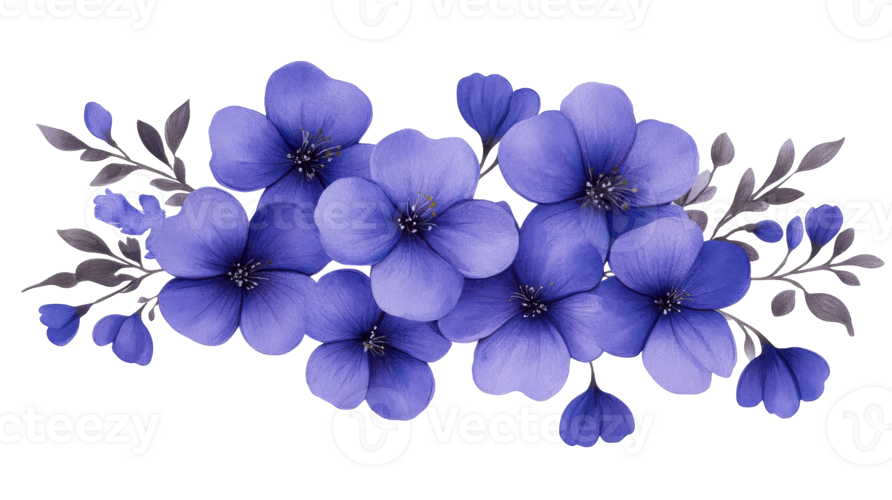 Floral arrangement of periwinkle flowers, leaves, cut out transparent png