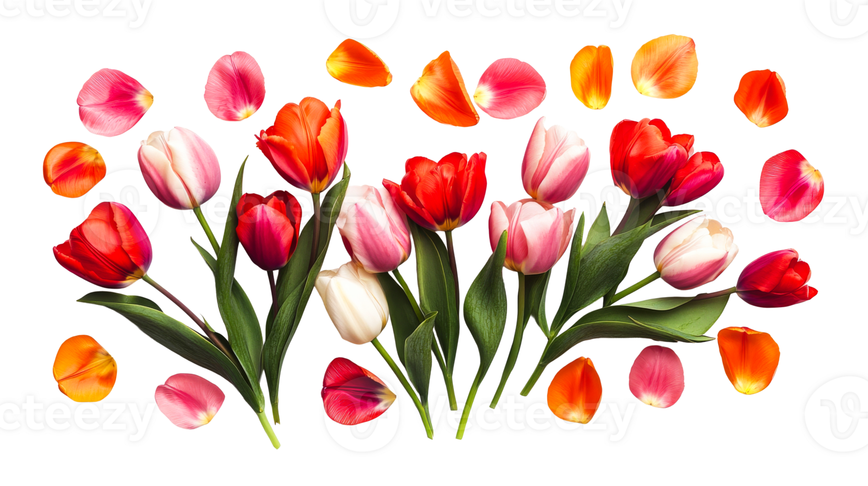 Tulips and petals assortment on black background, cut out transparent png