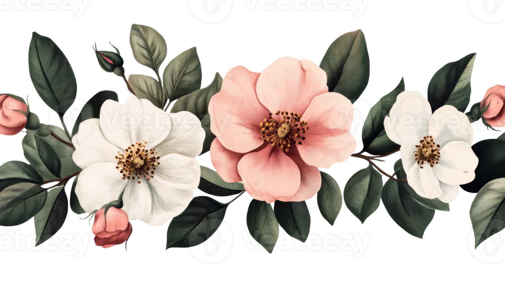 Floral border with vintage wild roses and leaves, cut out transparent png