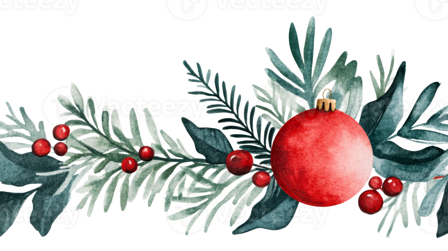 Christmas border with red ornament, evergreen, and berries, cut out transparent png