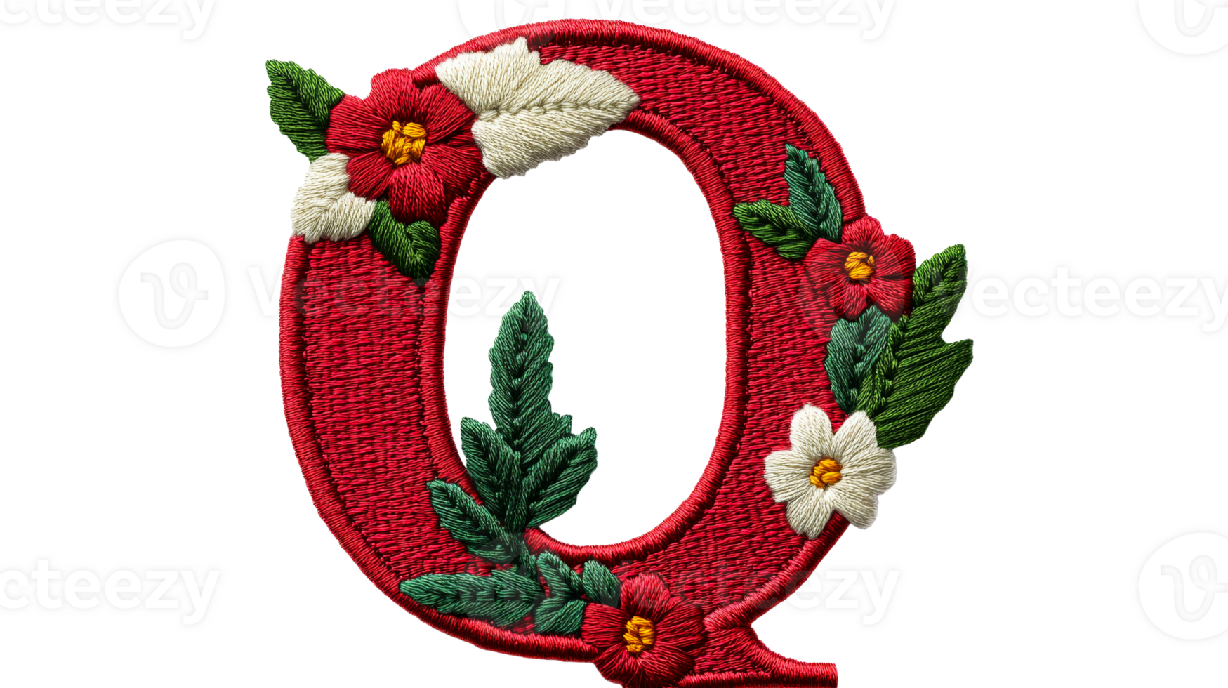 Embroidered Letter Q Adorned with Floral Elements, cut out transparent png