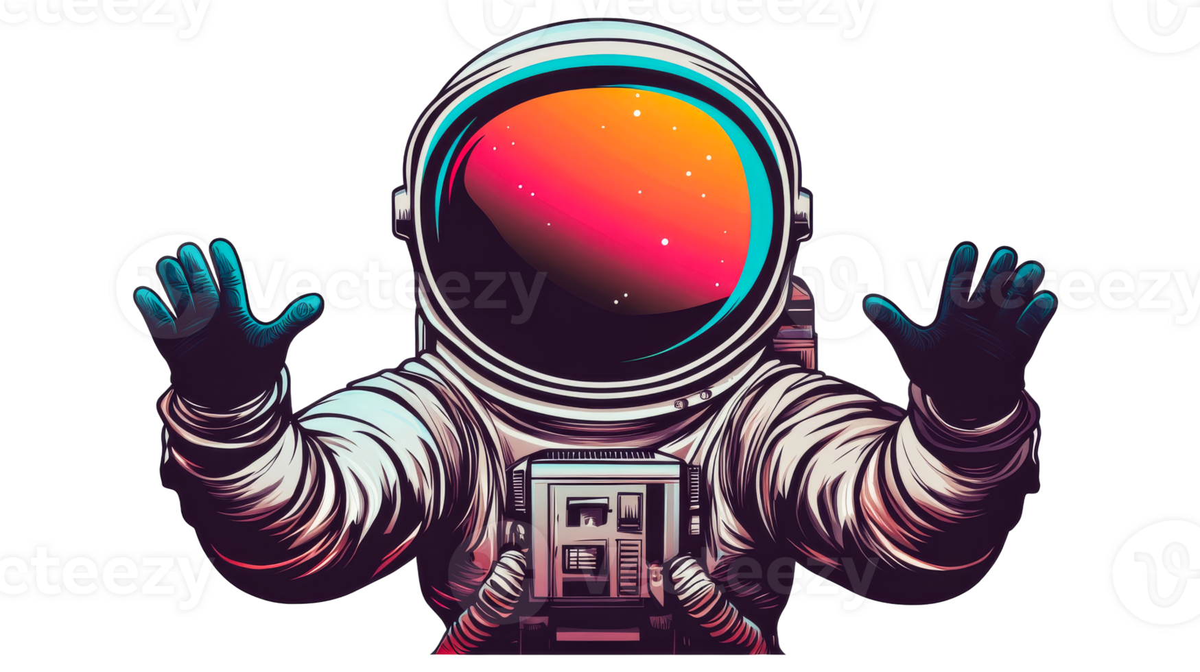 Spaceman extending arms in space with colorful helmet, cut out transparent png